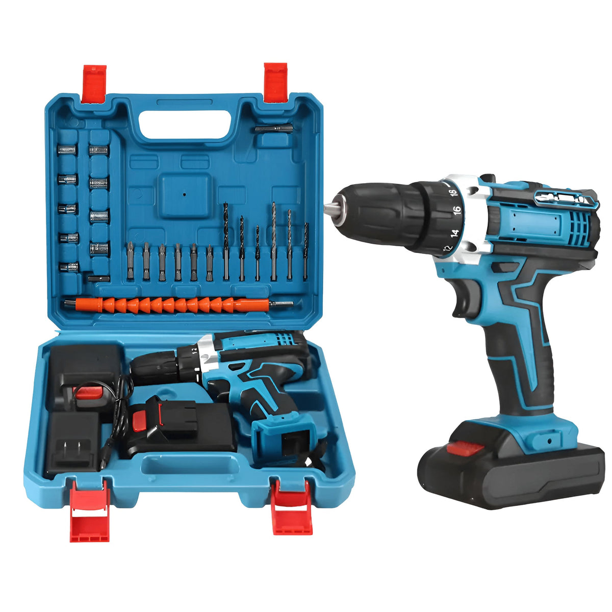 Kit Taladro Atornillador Inalámbrico con 2 Baterías, Cargador, Maletín y Accesorios